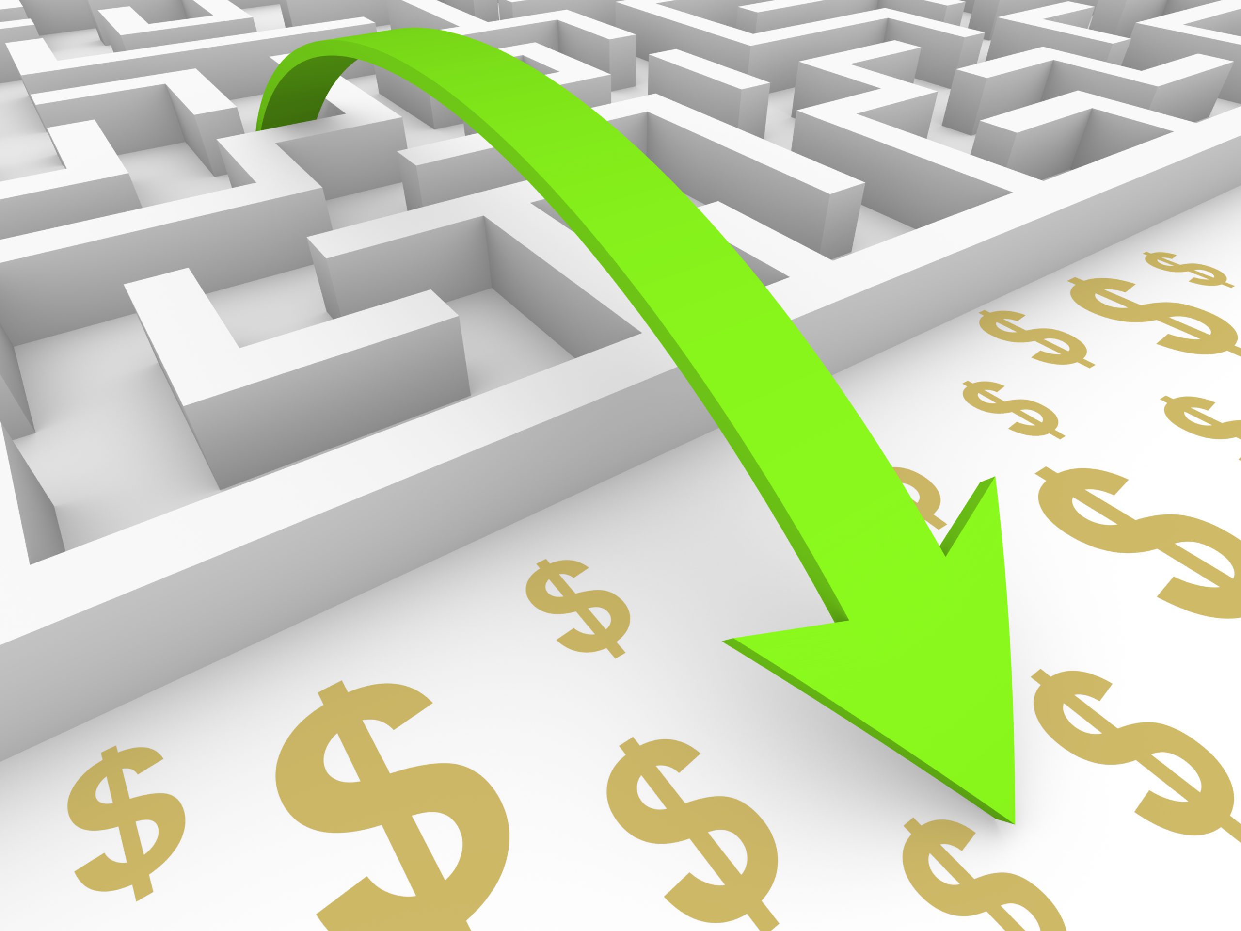 Green arrow goes over labyrinth to dollar signs. 3d render.